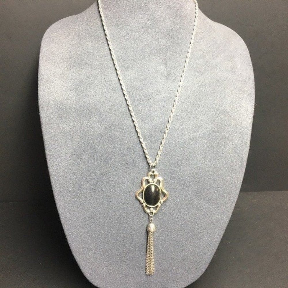 Long Tassel Pendant Necklace Black Oval Flower Silver Spiral Chain Retro BoHo